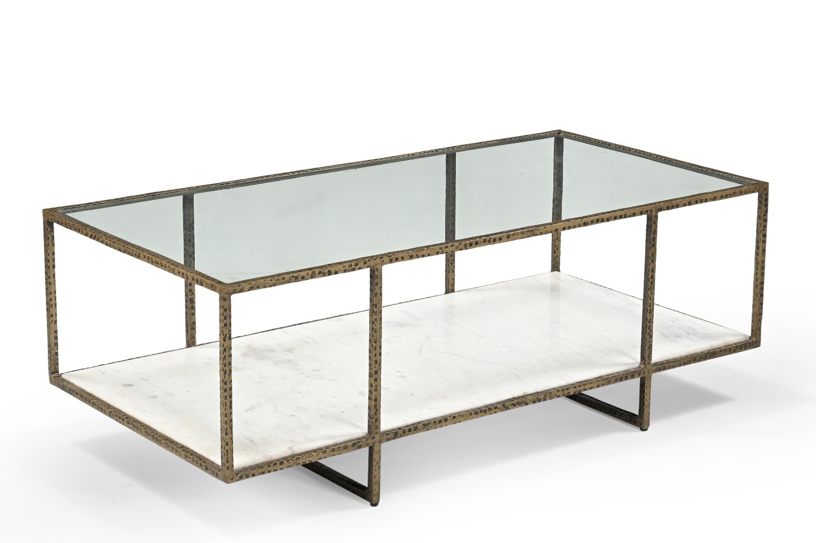 IRON COFFEE TABLE WITH GLASS TOP & MARBLE SHELF