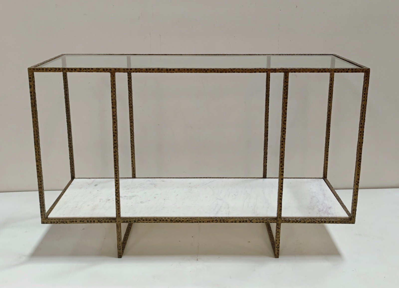 IRON CONSOLE TABLE WITH GLASS TOP & MARBLE SHELF