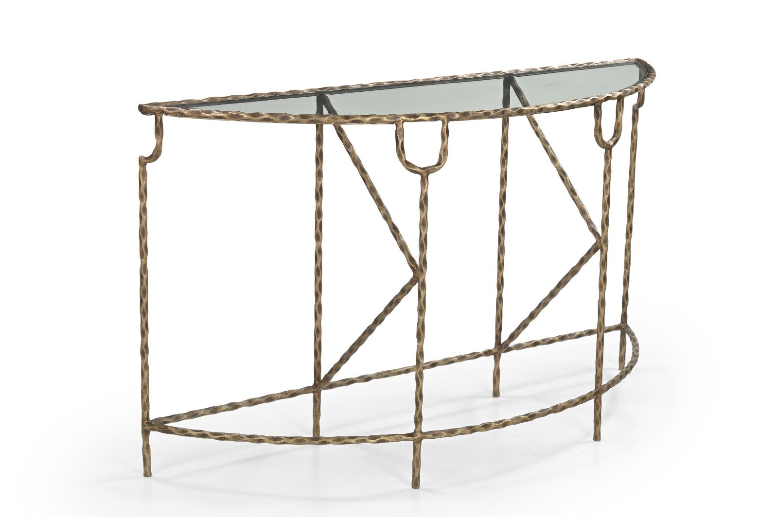 IRON HALF ROUND CONSOLE TABLE WITH GLASS TOP